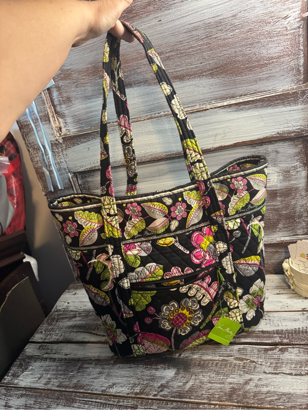 Vera Bradley Black Quilted Floral Tote with Pink & Green Accents
